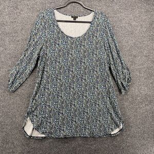 J Jill Wearever Blouse Top Women L Blue Geometric Tunic 3/4 Sleeve Ladies Casual